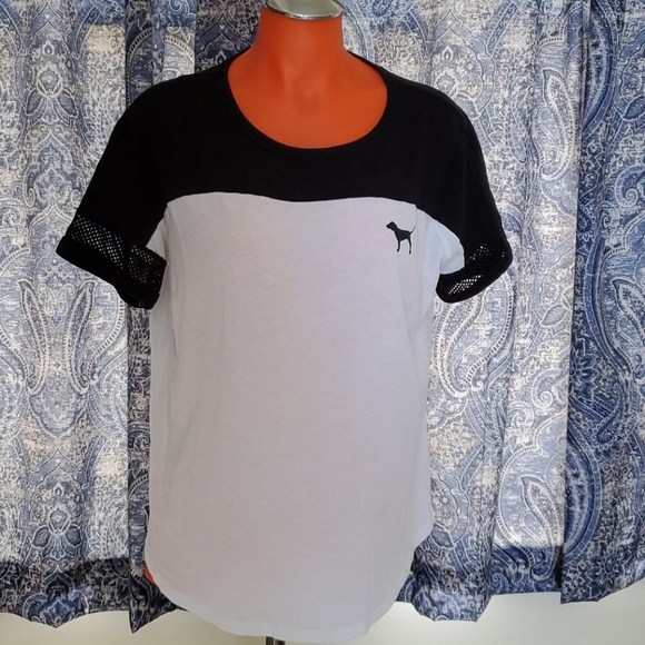 PINK Victoria's Secret Tops - Victoria's Secret PINK Wht/Blk W/Mesh T-Shirt Sz L